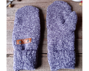A cozy pair of teen, small woman’s handmade mittens crafted from an upcycled purple sweater with ribbed cuffs; handmade & winter ready.