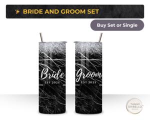 Bride and Groom black marble 20 oz stainless tumblers - front and back