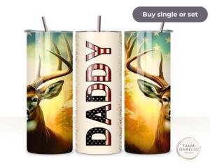 Patriotic deer 20oz stainless tumbler with “Daddy” name down the center.