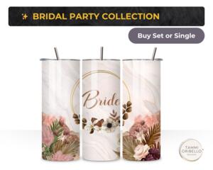 Light Pink Pastel Flower bridal tumbler, 20 oz stainless steel, front and back
