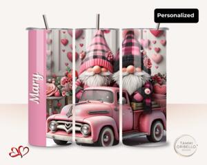 Three views of personalized pink gnome couple with vintage truck on 20 oz tumbler. Custom name shown vertically in white; gift-ready design.