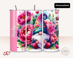 Three angles of the gnome and peony 20-oz tumbler showing front, side, and back for a clear view of the wrap design and slim shape.
