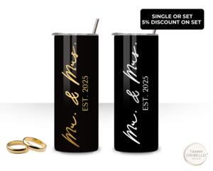 Mr & Mrs black 20 oz stainless tumblers with gold and silver script, personalized set or single, by Tammi Oribello Designs.