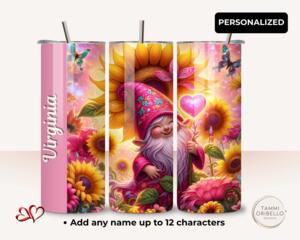 Personalized gnome & sunflower 20-oz skinny tumbler with butterflies; name on pink panel; stainless straw shown.