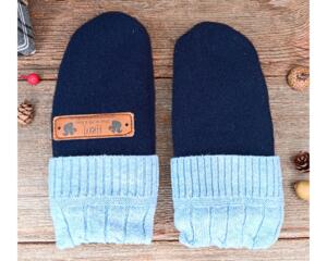 Handmade navy blue wool baby mittens with ribbed light blue cuffs, made from soft fleece; cozy thumbless winter gear for infants & toddlers.