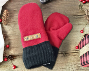 Handmade red wool child mittens for kids ages 8, 9, 10 years old. Perfect for winter holiday gift giving for boys and girls.