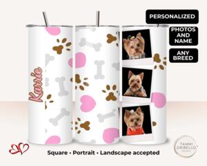 Lifestyle photo: white 20-oz dog photo tumbler on desk with ‘keeps drinks hot up to 6 hours’ note. 