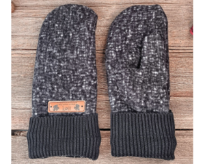 Handmade kids ages 8, 9, 10 years old sized mittens made from an upcycled fluffy gray fleece jacket. Perfect for winter holiday gift giving