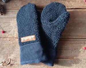 Handmade kids ages 5, 6, 7 years old sized mittens made from a soft blue fleece jacket. Perfect for winter holiday gift giving for children.
