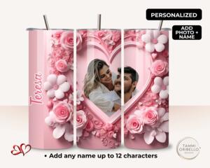 Pink heart photo tumbler with 3D flowers showing custom name and couple photo