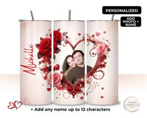 Personalized red rose heart photo tumbler shown front and back with vertical name on side