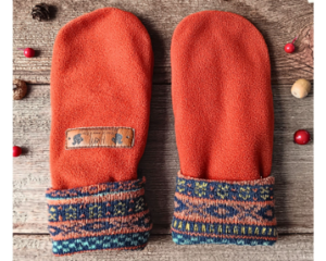 Handmade kids ages 5, 6, 7 years old sized mittens made from orange fleece. Perfect for winter holiday gift giving for children.