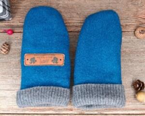 Handmade teal blue wool baby mittens with ribbed gray cuffs, made from soft fleece; cozy thumbless winter mittens for infants & toddlers.