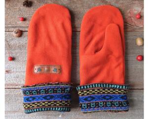 Handmade kids mittens for ages 8, 9, 10 years old made with orange fleece. Perfect for winter holiday gift giving for a boy or girl.