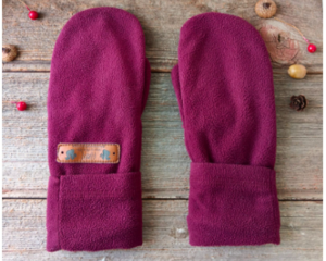 Handmade kids ages 8, 9, 10 years old sized purple mittens. Perfect for cold winter holiday gift giving for boy and girl children.