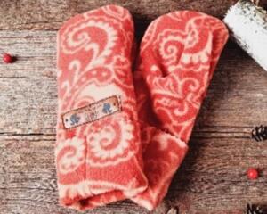 Handmade kids ages 5, 6, 7 years old sized mittens; made from an orange fleece jacket. Perfect for winter holiday gift giving for children.