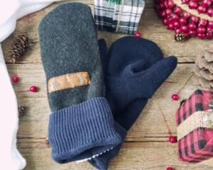 Handmade kids ages 5, 6, 7 years old sized mittens made from black & blue upcycled wool. Perfect for winter holiday gift giving for children