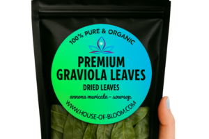 House of Bloom black pouch with Premium Graviola Leaves label. Organic Soursop Annona Muricata dried herbal tea packaging