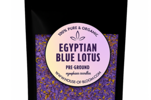 House of Bloom black stand-up pouch containing Organic Pre-Ground Blue Lotus Flowers. Premium Nymphaea Caerulea herbal tea packaging