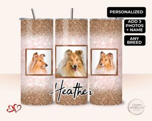 Personalized dog photo tumbler with three pet pictures on a rose gold glitter design