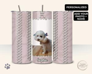 1.	Custom pet photo tumbler with diamond printed frame showing dog image on stainless steel insulated cup