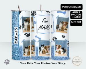 Hero image of personalized pet photo tumbler with faux glitter frame by Tammi Oribello Designs