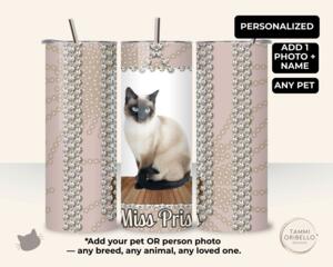 Personalized cat photo tumbler with diamond frame and custom name printed vertically