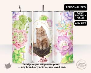 1.	Personalized cat photo tumbler with pastel florals and custom name by Tammi Oribello Designs