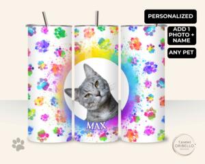 Custom rainbow paw tumbler with pet photo and name on white background