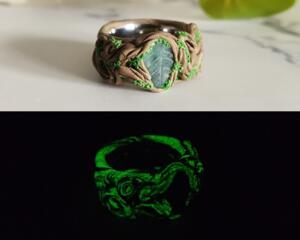 Emerald Leaf Polymer Clay and Stainless Steel Ring Daytime and Nighttime Views