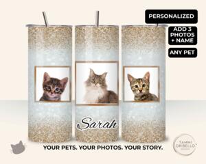 Personalized cat tumbler with three pet photos and a custom name on a faux glitter background