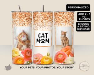 Personalized floral glitter cat mom tumbler with two cat photos and center frame for a saying or extra photo 20 oz stainless steel drink cup