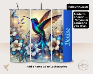 Blue hummingbird floral 20 oz personalized tumbler with name on side, stainless steel skinny cup gift by Tammi Oribello Designs
