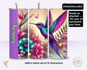 Personalized purple hummingbird tumbler with flowers and name panel, 20 oz stainless steel gift for bird lovers