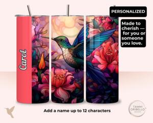 Personalized red hummingbird tumbler with flowers and custom name panel