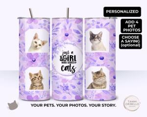 Personalized cat photo tumbler with purple floral design and saying