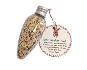 Magic Reindeer Food Ornament filled with holiday oats and a printed tag displayed on a white background