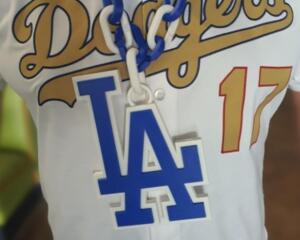 Los Angeles Dodgers Blue Jumbo Big Fan Chain Necklace Chain Length 32" Charm 6"x9" World Series Champions Baseball Fan Hype Rally Bling LA