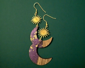 purple crescent moon earrings resin and walnut wood dangle