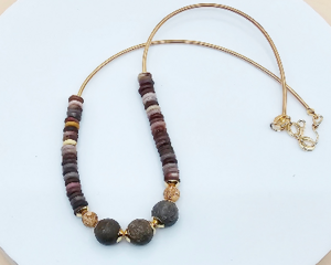 Handmade 17–18 inch necklace with Bronzite, Agate, and Mookaite beads, gold stainless steel accents, and a handmade hook clasp.