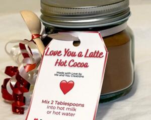 Handmade Love You a Latte hot cocoa jar with Valentine tag and wooden spoon, romantic cocoa gift idea in glass jar, cozy chocolate drink mix