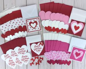A Valentine's Day card making kit to make 24 mini valentines (3x3 inches) with red, pink and white hearts. Comes with cards and envelopes.