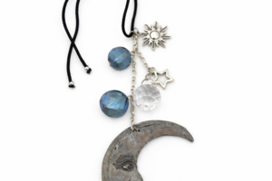 Handmade moon suncatcher with blue crystals and sun charm