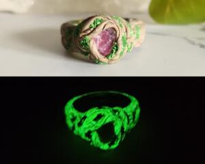 Pink Tourmaline Stainless Steel Ring Front View and Glow View