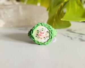 Rose Bud Motif Stainless Steel Polymer Clay Ring Front View