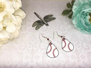 Handmade Tear Drop Baseball Vinyl Machine Embroidery Earrings