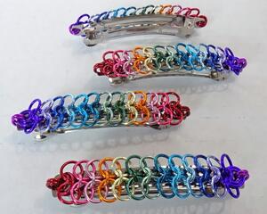 Rainbow chainmaille barrettes in European 4-in-1 pattern hair clip, handmade with anodized aluminum rings and steel clips by RainbowMaille