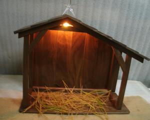 Traditional Nativity Stable/Walnut Creche Shed/Barn/ Wood Beams with Optional Star and Night light, Floor, Christmas Clear Finish