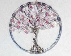 Handcrafted wire sculpture dreamcatcher, small 3" inch metal wall art in silver pink "made with love" tag & Swarovski crystal beads by RainbowMaille