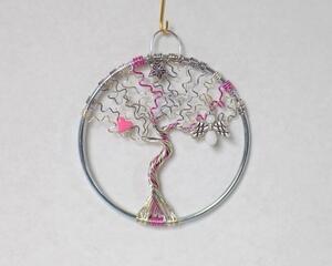 Tree of Life Wire Sculpture, small 3" inch in silver and pink, small wall art with bead angel by RainbowMaille